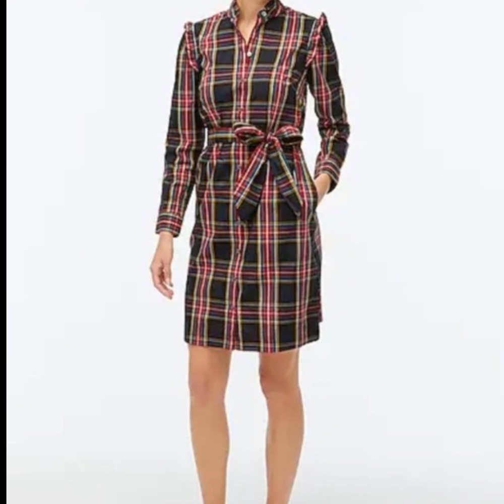 J.Crew Plaid Ruffle Collar Shirt Dress Black Red Stewart Tartan Belted 2